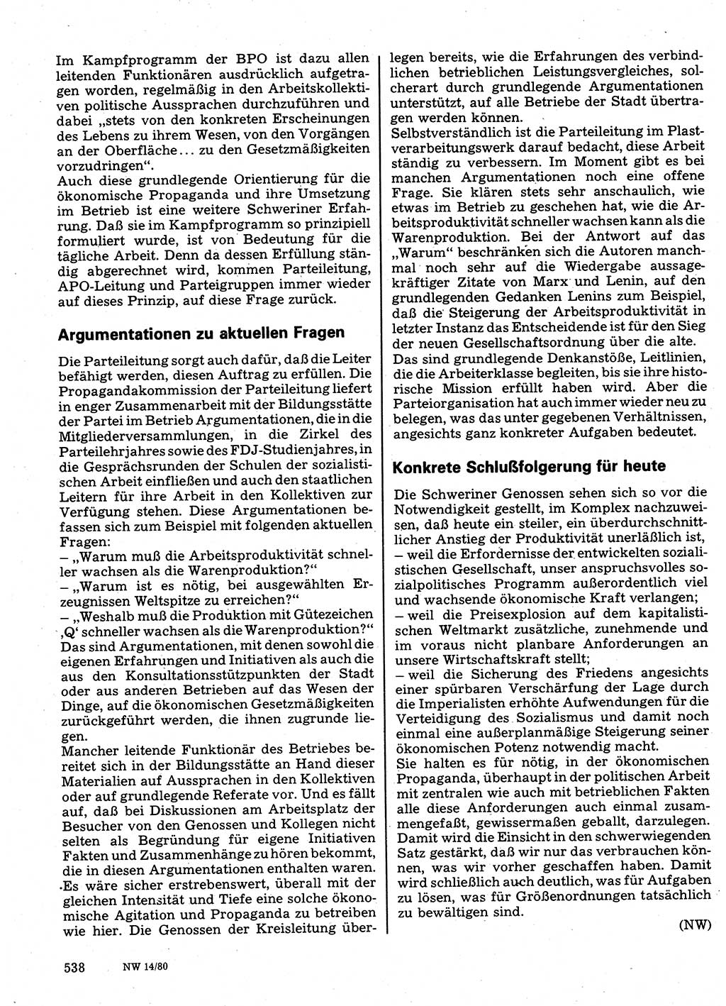 Neuer Weg (NW), Organ des Zentralkomitees (ZK) der SED (Sozialistische Einheitspartei Deutschlands) für Fragen des Parteilebens, 35. Jahrgang [Deutsche Demokratische Republik (DDR)] 1980, Seite 538 (NW ZK SED DDR 1980, S. 538)