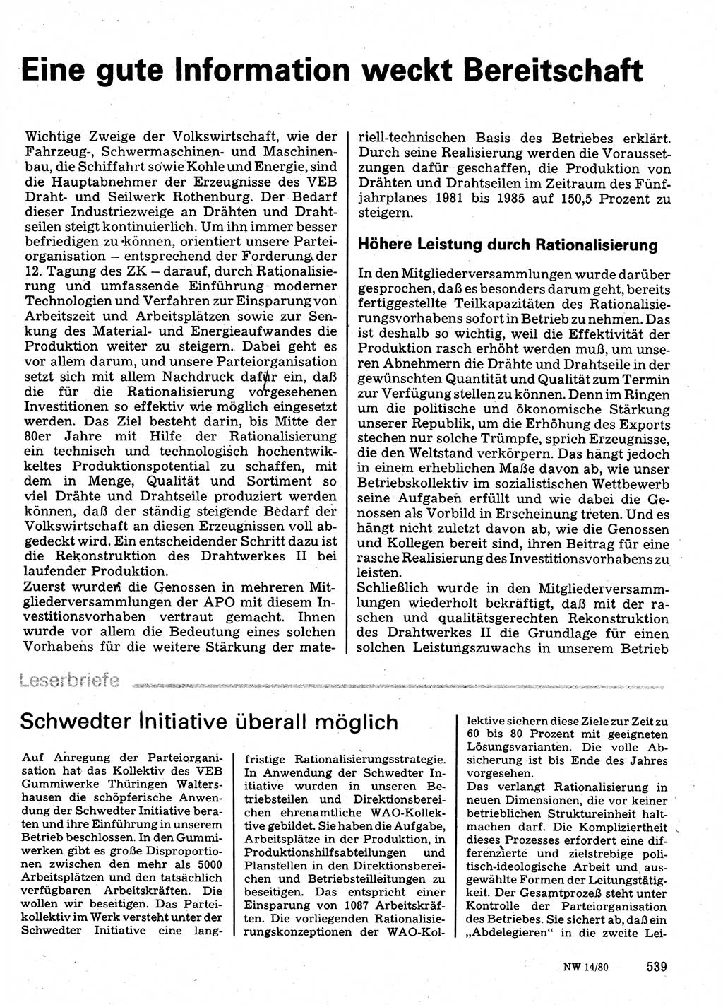 Neuer Weg (NW), Organ des Zentralkomitees (ZK) der SED (Sozialistische Einheitspartei Deutschlands) für Fragen des Parteilebens, 35. Jahrgang [Deutsche Demokratische Republik (DDR)] 1980, Seite 539 (NW ZK SED DDR 1980, S. 539)