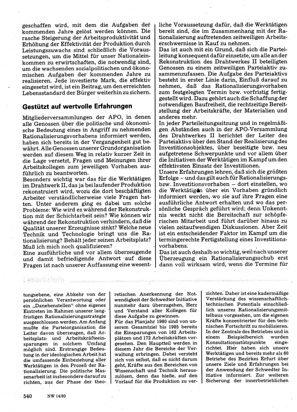 Neuer Weg (NW), Organ des Zentralkomitees (ZK) der SED (Sozialistische Einheitspartei Deutschlands) für Fragen des Parteilebens, 35. Jahrgang [Deutsche Demokratische Republik (DDR)] 1980, Seite 540 (NW ZK SED DDR 1980, S. 540)