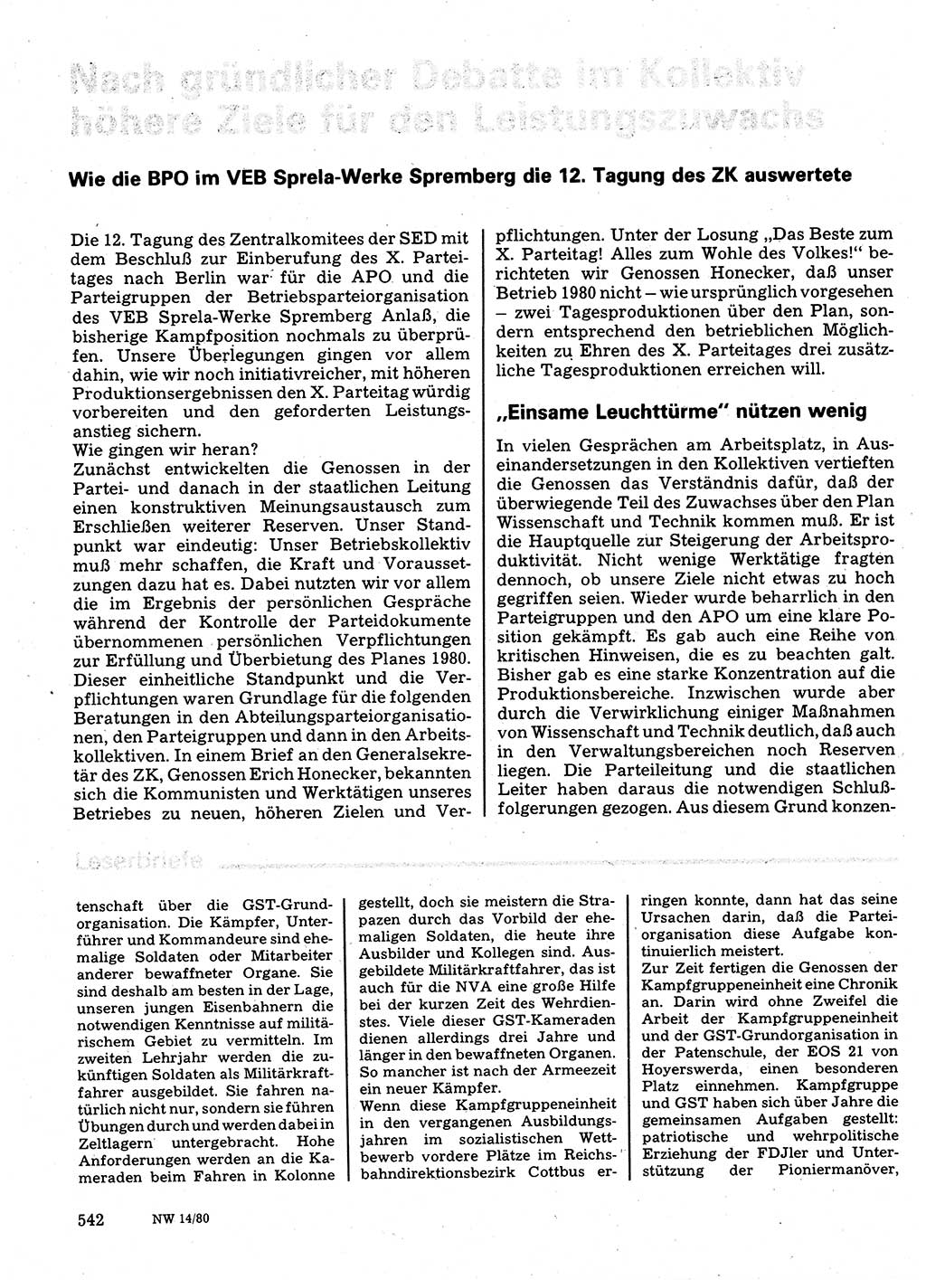 Neuer Weg (NW), Organ des Zentralkomitees (ZK) der SED (Sozialistische Einheitspartei Deutschlands) für Fragen des Parteilebens, 35. Jahrgang [Deutsche Demokratische Republik (DDR)] 1980, Seite 542 (NW ZK SED DDR 1980, S. 542)