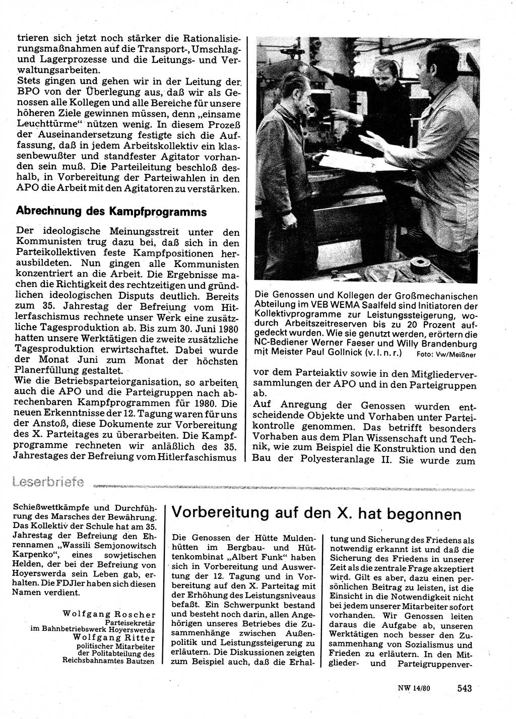 Neuer Weg (NW), Organ des Zentralkomitees (ZK) der SED (Sozialistische Einheitspartei Deutschlands) für Fragen des Parteilebens, 35. Jahrgang [Deutsche Demokratische Republik (DDR)] 1980, Seite 543 (NW ZK SED DDR 1980, S. 543)