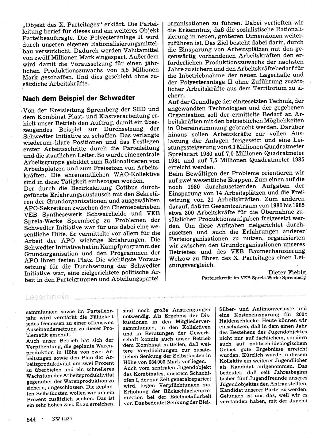 Neuer Weg (NW), Organ des Zentralkomitees (ZK) der SED (Sozialistische Einheitspartei Deutschlands) für Fragen des Parteilebens, 35. Jahrgang [Deutsche Demokratische Republik (DDR)] 1980, Seite 544 (NW ZK SED DDR 1980, S. 544)