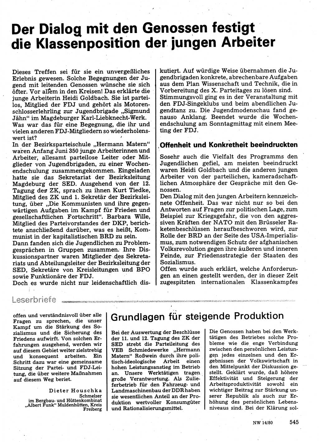 Neuer Weg (NW), Organ des Zentralkomitees (ZK) der SED (Sozialistische Einheitspartei Deutschlands) für Fragen des Parteilebens, 35. Jahrgang [Deutsche Demokratische Republik (DDR)] 1980, Seite 545 (NW ZK SED DDR 1980, S. 545)