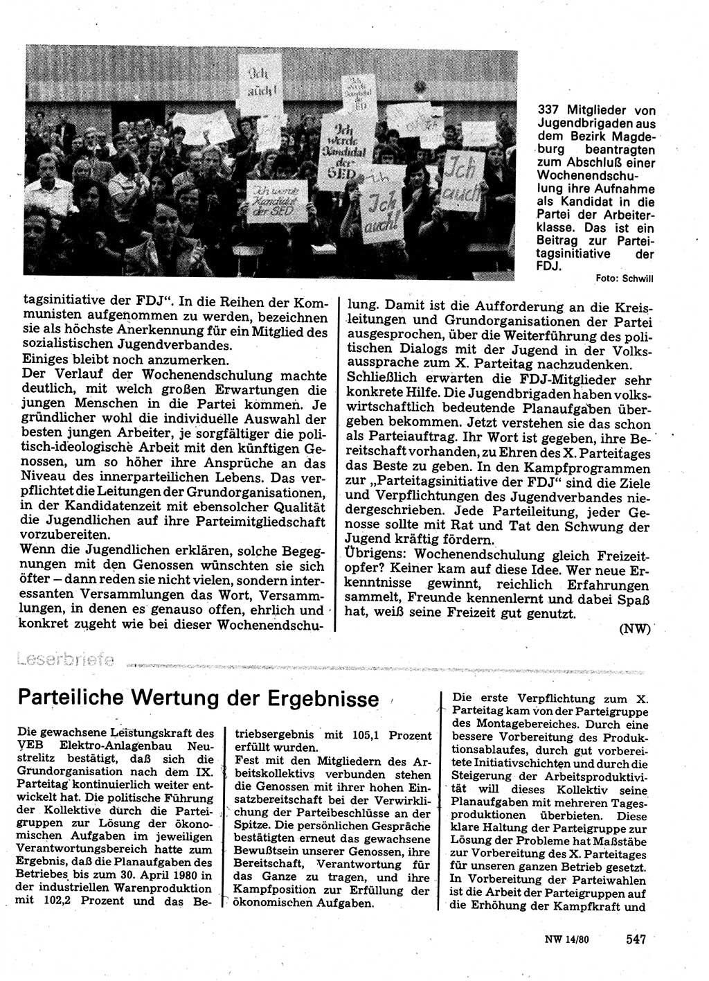 Neuer Weg (NW), Organ des Zentralkomitees (ZK) der SED (Sozialistische Einheitspartei Deutschlands) für Fragen des Parteilebens, 35. Jahrgang [Deutsche Demokratische Republik (DDR)] 1980, Seite 547 (NW ZK SED DDR 1980, S. 547)