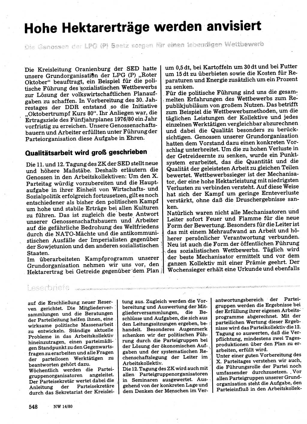 Neuer Weg (NW), Organ des Zentralkomitees (ZK) der SED (Sozialistische Einheitspartei Deutschlands) für Fragen des Parteilebens, 35. Jahrgang [Deutsche Demokratische Republik (DDR)] 1980, Seite 548 (NW ZK SED DDR 1980, S. 548)