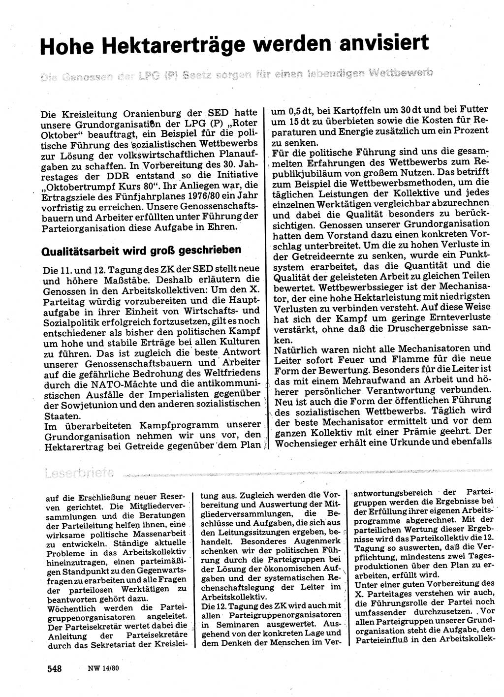 Neuer Weg (NW), Organ des Zentralkomitees (ZK) der SED (Sozialistische Einheitspartei Deutschlands) für Fragen des Parteilebens, 35. Jahrgang [Deutsche Demokratische Republik (DDR)] 1980, Seite 548 (NW ZK SED DDR 1980, S. 548)