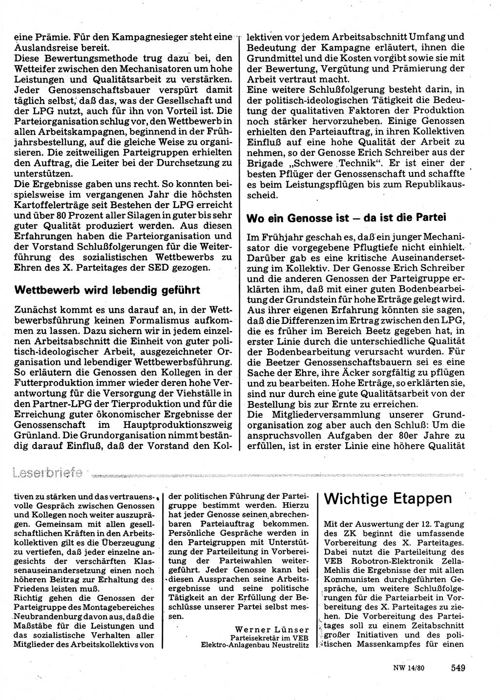 Neuer Weg (NW), Organ des Zentralkomitees (ZK) der SED (Sozialistische Einheitspartei Deutschlands) für Fragen des Parteilebens, 35. Jahrgang [Deutsche Demokratische Republik (DDR)] 1980, Seite 549 (NW ZK SED DDR 1980, S. 549)
