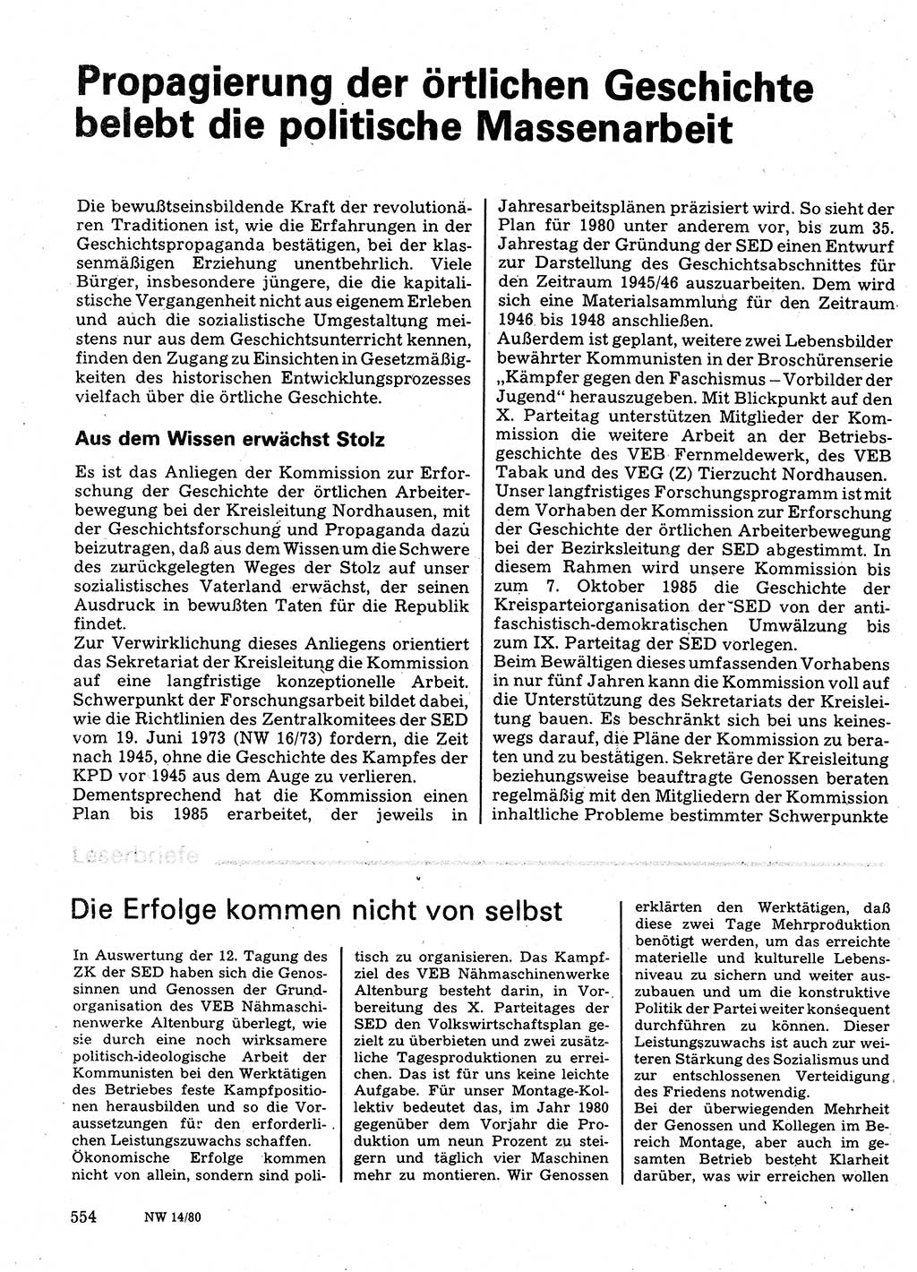 Neuer Weg (NW), Organ des Zentralkomitees (ZK) der SED (Sozialistische Einheitspartei Deutschlands) für Fragen des Parteilebens, 35. Jahrgang [Deutsche Demokratische Republik (DDR)] 1980, Seite 554 (NW ZK SED DDR 1980, S. 554)