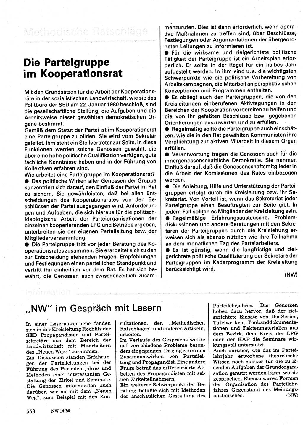 Neuer Weg (NW), Organ des Zentralkomitees (ZK) der SED (Sozialistische Einheitspartei Deutschlands) für Fragen des Parteilebens, 35. Jahrgang [Deutsche Demokratische Republik (DDR)] 1980, Seite 558 (NW ZK SED DDR 1980, S. 558)