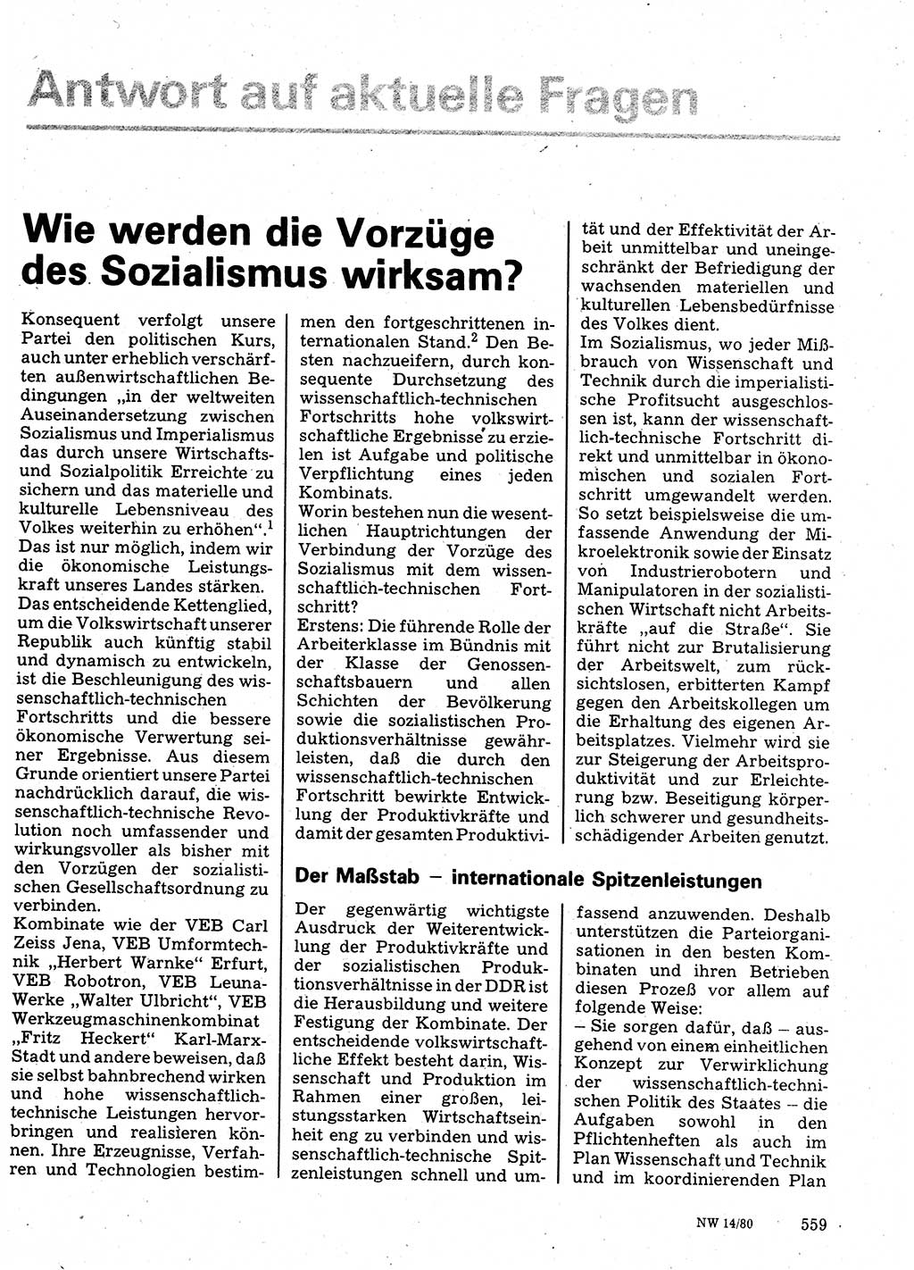 Neuer Weg (NW), Organ des Zentralkomitees (ZK) der SED (Sozialistische Einheitspartei Deutschlands) für Fragen des Parteilebens, 35. Jahrgang [Deutsche Demokratische Republik (DDR)] 1980, Seite 559 (NW ZK SED DDR 1980, S. 559)