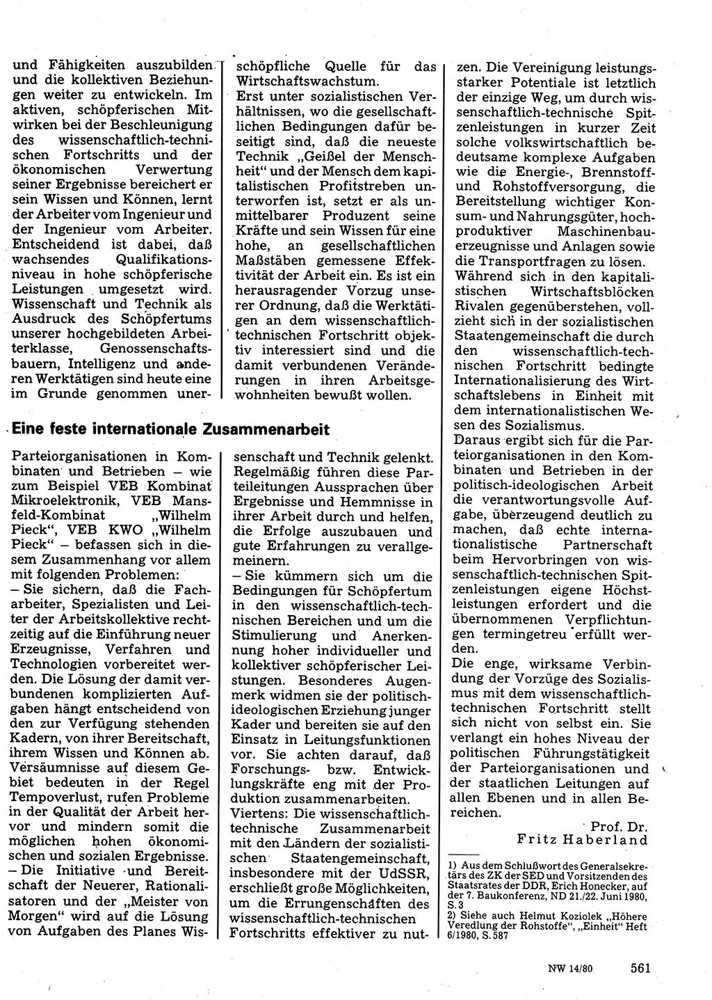 Neuer Weg (NW), Organ des Zentralkomitees (ZK) der SED (Sozialistische Einheitspartei Deutschlands) für Fragen des Parteilebens, 35. Jahrgang [Deutsche Demokratische Republik (DDR)] 1980, Seite 561 (NW ZK SED DDR 1980, S. 561)