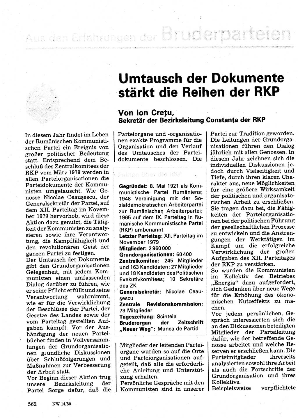 Neuer Weg (NW), Organ des Zentralkomitees (ZK) der SED (Sozialistische Einheitspartei Deutschlands) für Fragen des Parteilebens, 35. Jahrgang [Deutsche Demokratische Republik (DDR)] 1980, Seite 562 (NW ZK SED DDR 1980, S. 562)