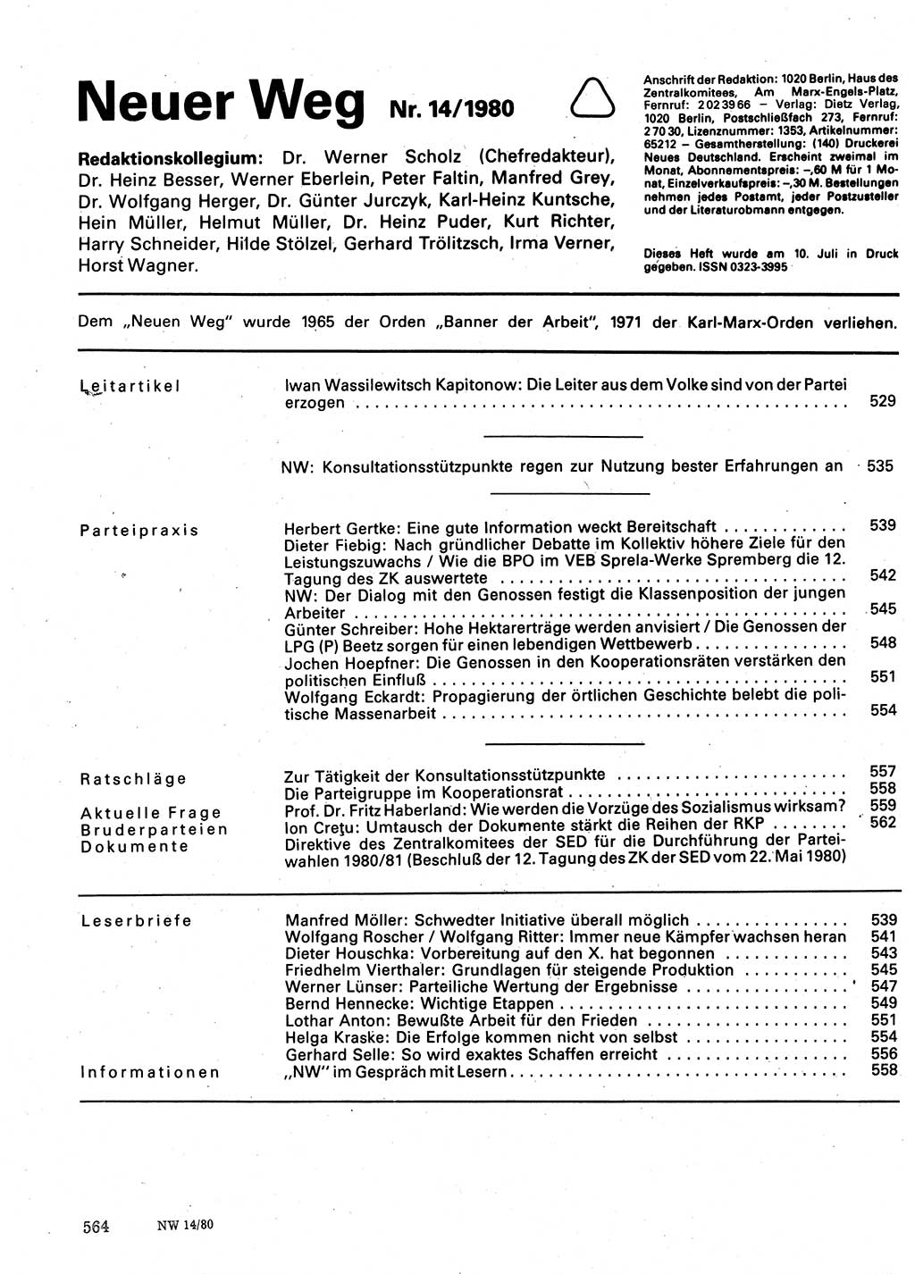 Neuer Weg (NW), Organ des Zentralkomitees (ZK) der SED (Sozialistische Einheitspartei Deutschlands) für Fragen des Parteilebens, 35. Jahrgang [Deutsche Demokratische Republik (DDR)] 1980, Seite 564 (NW ZK SED DDR 1980, S. 564)
