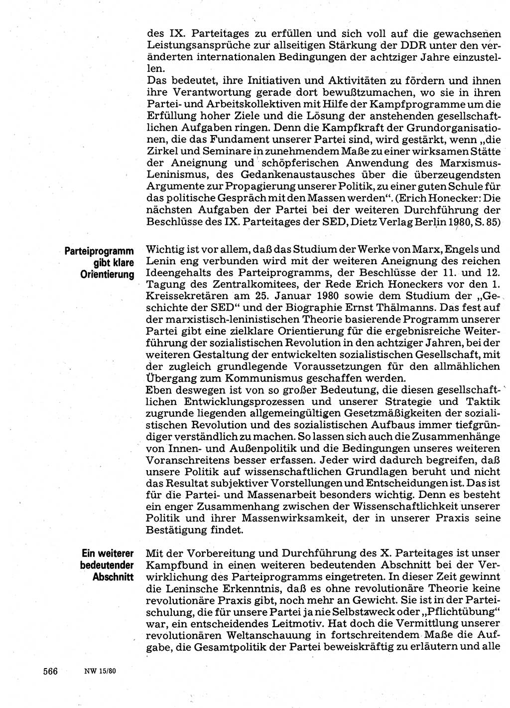 Neuer Weg (NW), Organ des Zentralkomitees (ZK) der SED (Sozialistische Einheitspartei Deutschlands) für Fragen des Parteilebens, 35. Jahrgang [Deutsche Demokratische Republik (DDR)] 1980, Seite 566 (NW ZK SED DDR 1980, S. 566)