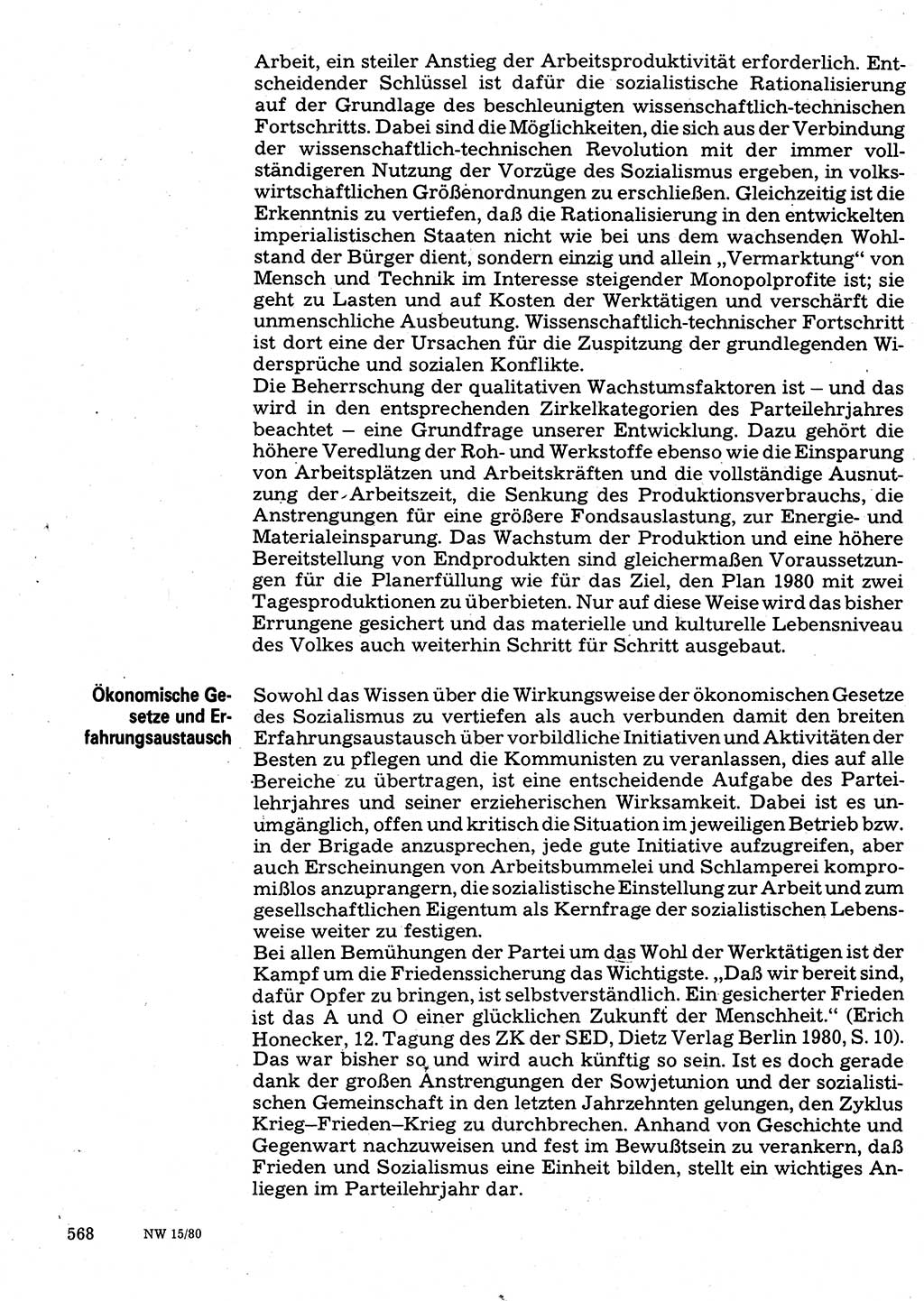 Neuer Weg (NW), Organ des Zentralkomitees (ZK) der SED (Sozialistische Einheitspartei Deutschlands) für Fragen des Parteilebens, 35. Jahrgang [Deutsche Demokratische Republik (DDR)] 1980, Seite 568 (NW ZK SED DDR 1980, S. 568)