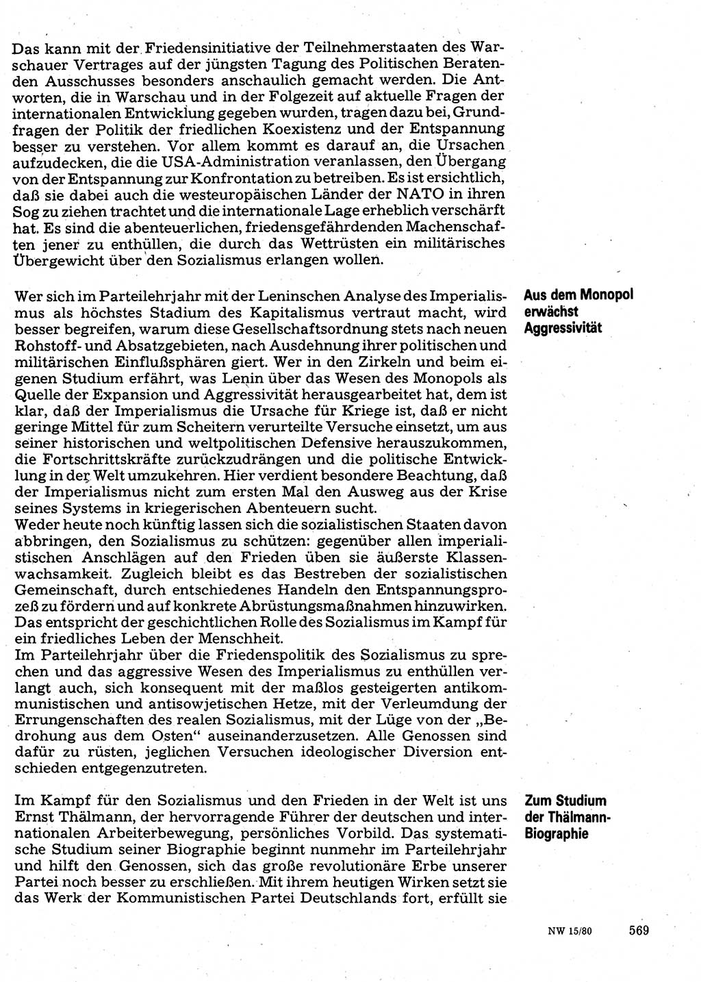 Neuer Weg (NW), Organ des Zentralkomitees (ZK) der SED (Sozialistische Einheitspartei Deutschlands) für Fragen des Parteilebens, 35. Jahrgang [Deutsche Demokratische Republik (DDR)] 1980, Seite 569 (NW ZK SED DDR 1980, S. 569)