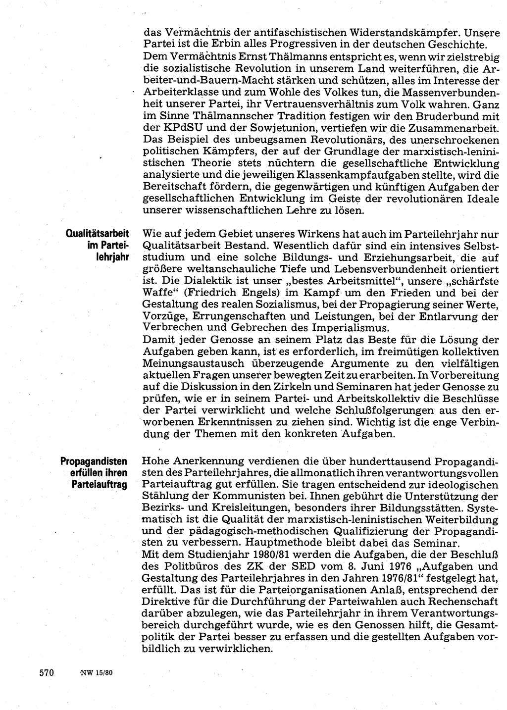Neuer Weg (NW), Organ des Zentralkomitees (ZK) der SED (Sozialistische Einheitspartei Deutschlands) für Fragen des Parteilebens, 35. Jahrgang [Deutsche Demokratische Republik (DDR)] 1980, Seite 570 (NW ZK SED DDR 1980, S. 570)