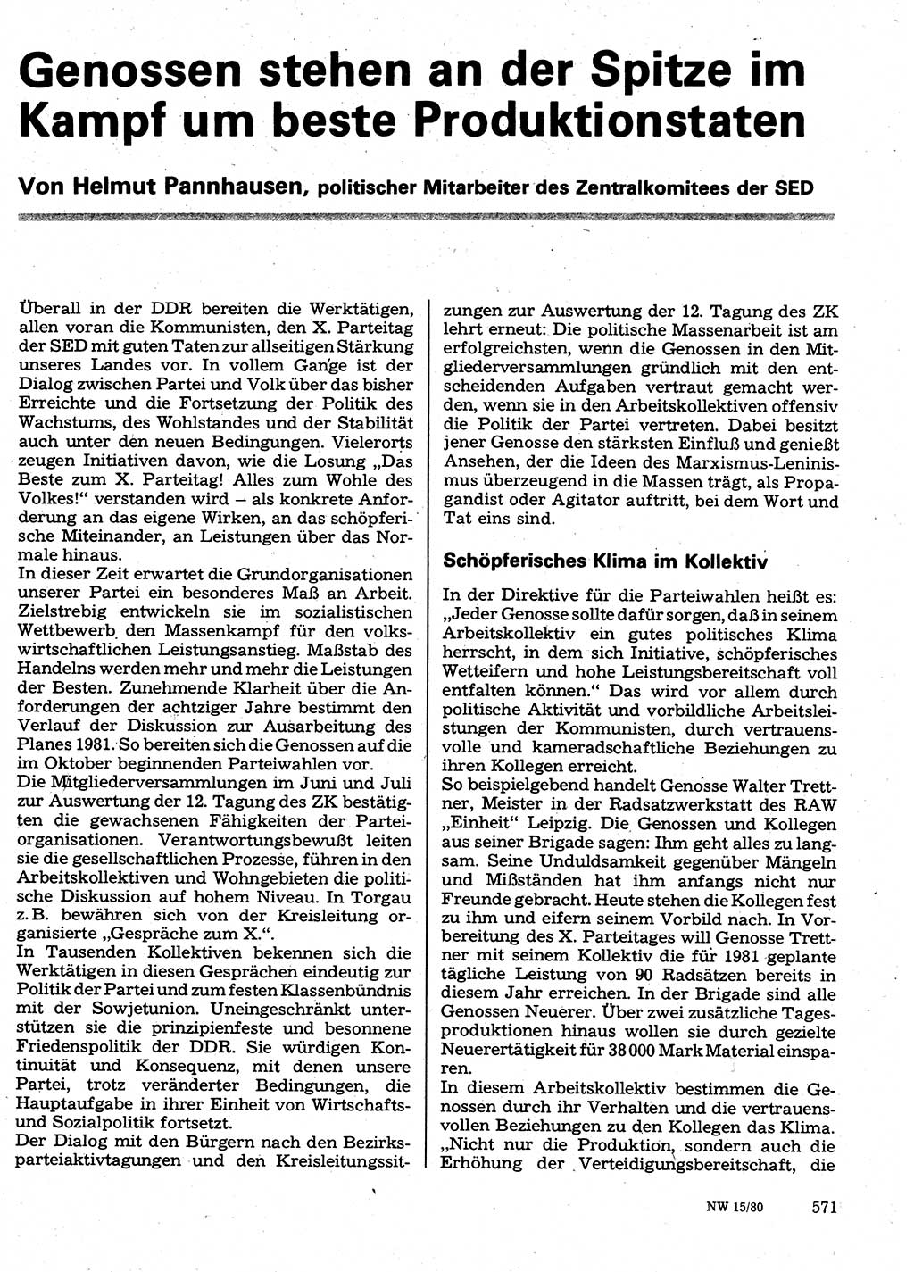 Neuer Weg (NW), Organ des Zentralkomitees (ZK) der SED (Sozialistische Einheitspartei Deutschlands) für Fragen des Parteilebens, 35. Jahrgang [Deutsche Demokratische Republik (DDR)] 1980, Seite 571 (NW ZK SED DDR 1980, S. 571)