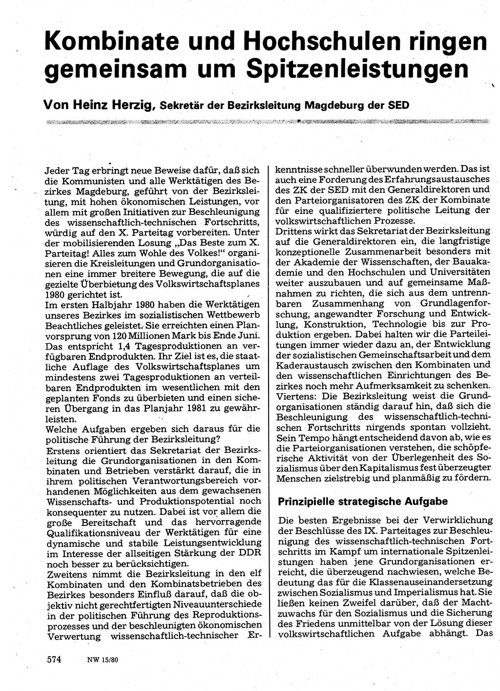 Neuer Weg (NW), Organ des Zentralkomitees (ZK) der SED (Sozialistische Einheitspartei Deutschlands) für Fragen des Parteilebens, 35. Jahrgang [Deutsche Demokratische Republik (DDR)] 1980, Seite 574 (NW ZK SED DDR 1980, S. 574)