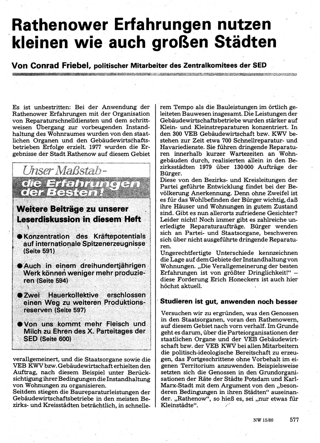 Neuer Weg (NW), Organ des Zentralkomitees (ZK) der SED (Sozialistische Einheitspartei Deutschlands) für Fragen des Parteilebens, 35. Jahrgang [Deutsche Demokratische Republik (DDR)] 1980, Seite 577 (NW ZK SED DDR 1980, S. 577)
