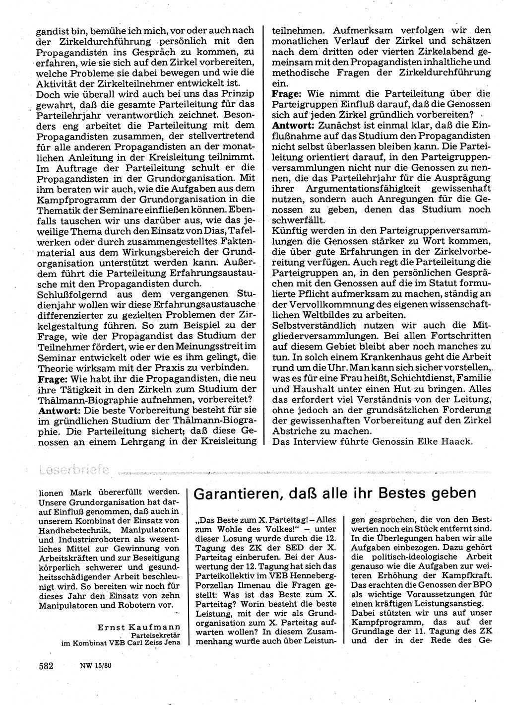 Neuer Weg (NW), Organ des Zentralkomitees (ZK) der SED (Sozialistische Einheitspartei Deutschlands) für Fragen des Parteilebens, 35. Jahrgang [Deutsche Demokratische Republik (DDR)] 1980, Seite 582 (NW ZK SED DDR 1980, S. 582)