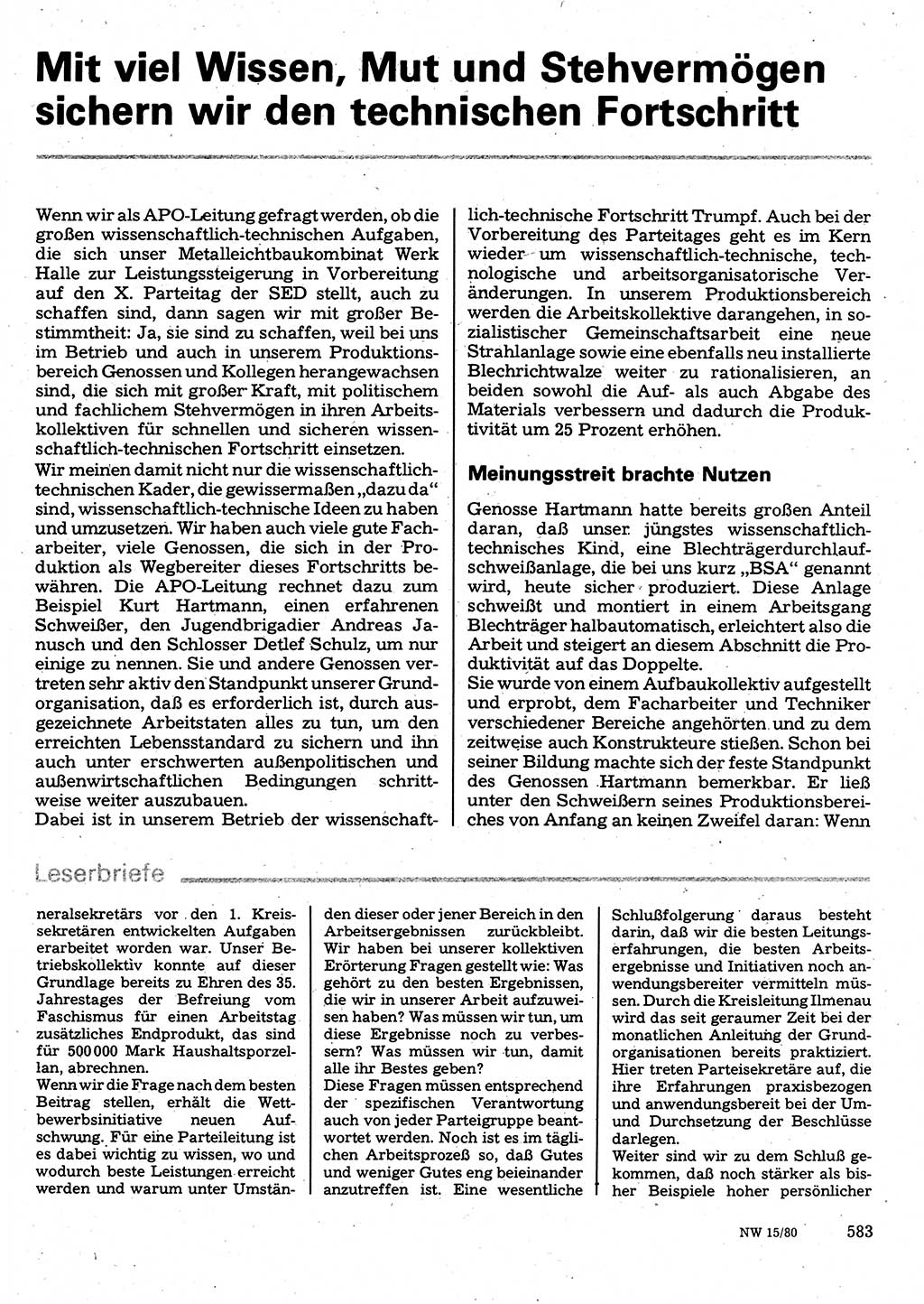 Neuer Weg (NW), Organ des Zentralkomitees (ZK) der SED (Sozialistische Einheitspartei Deutschlands) für Fragen des Parteilebens, 35. Jahrgang [Deutsche Demokratische Republik (DDR)] 1980, Seite 583 (NW ZK SED DDR 1980, S. 583)