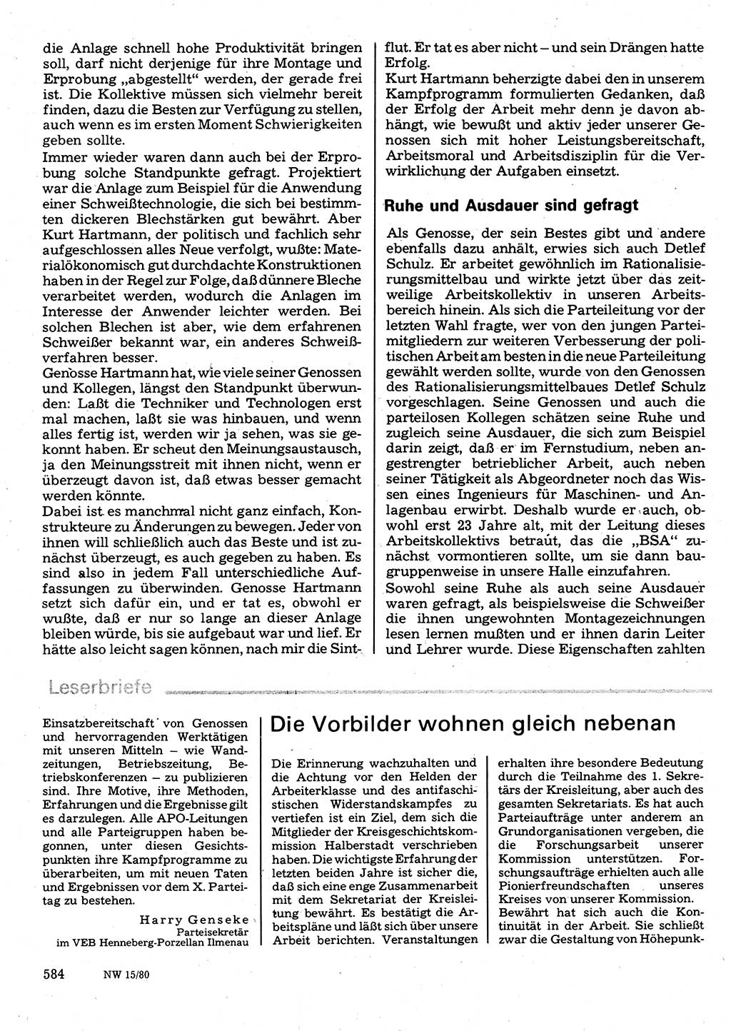 Neuer Weg (NW), Organ des Zentralkomitees (ZK) der SED (Sozialistische Einheitspartei Deutschlands) für Fragen des Parteilebens, 35. Jahrgang [Deutsche Demokratische Republik (DDR)] 1980, Seite 584 (NW ZK SED DDR 1980, S. 584)