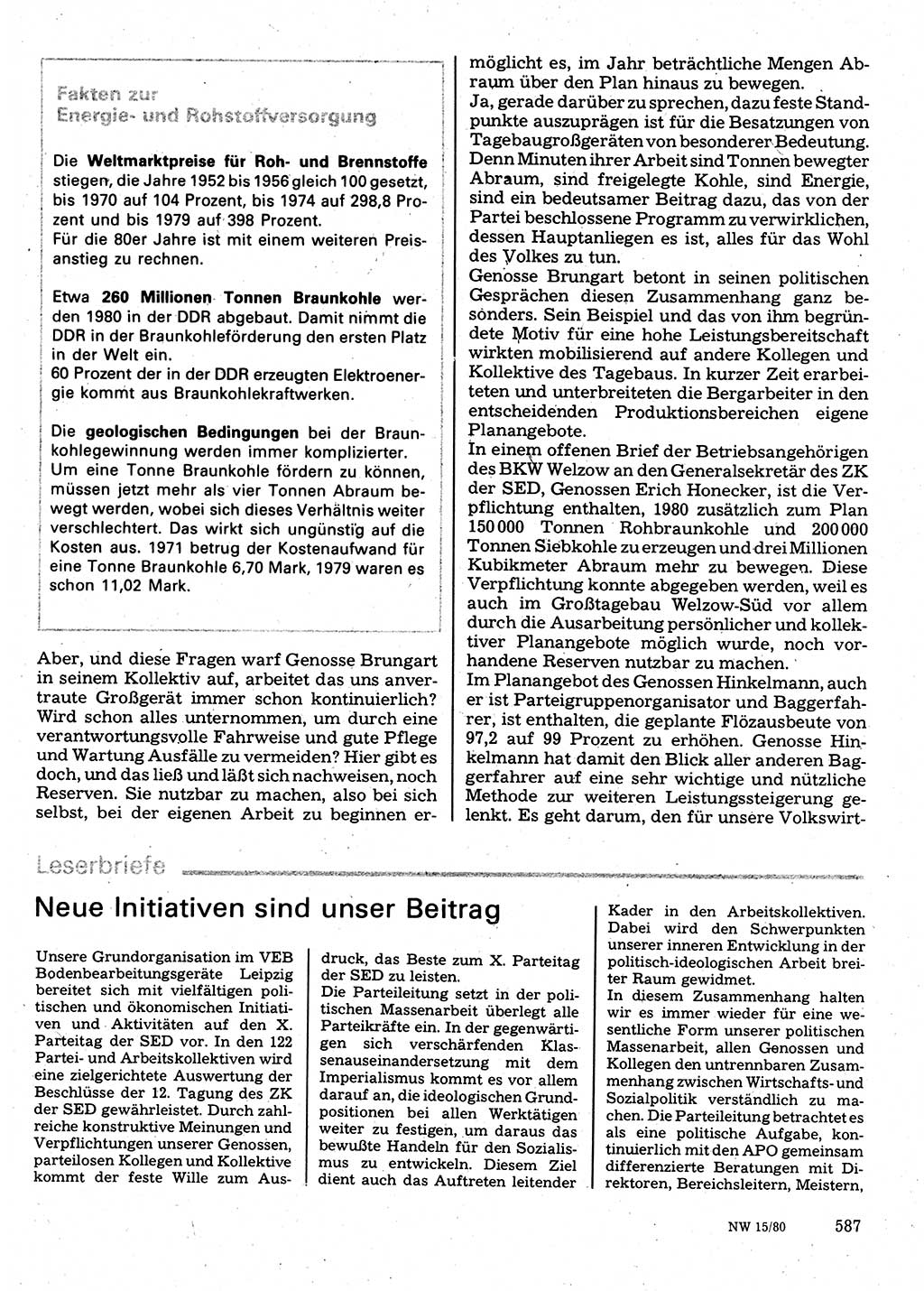 Neuer Weg (NW), Organ des Zentralkomitees (ZK) der SED (Sozialistische Einheitspartei Deutschlands) für Fragen des Parteilebens, 35. Jahrgang [Deutsche Demokratische Republik (DDR)] 1980, Seite 587 (NW ZK SED DDR 1980, S. 587)