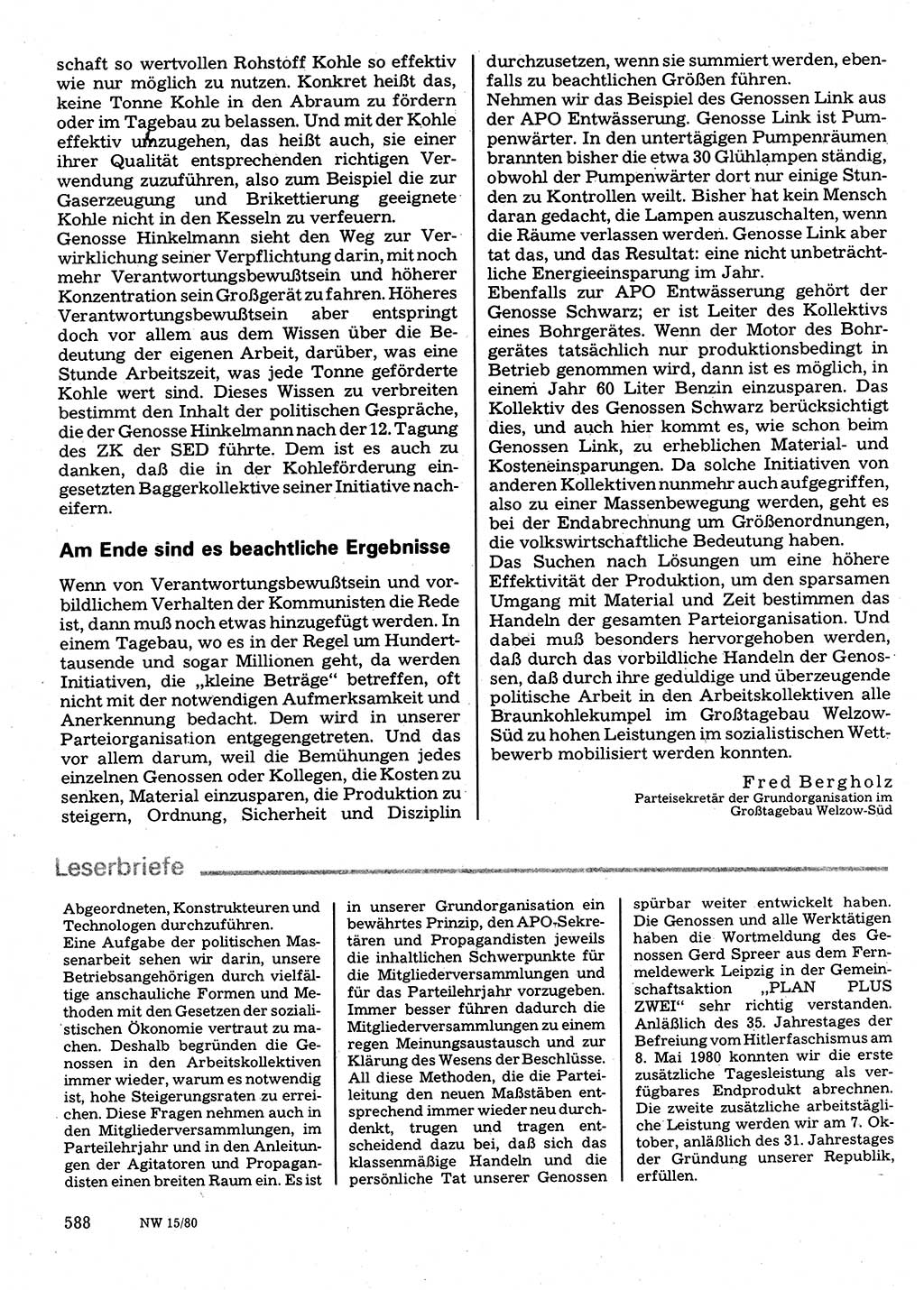 Neuer Weg (NW), Organ des Zentralkomitees (ZK) der SED (Sozialistische Einheitspartei Deutschlands) für Fragen des Parteilebens, 35. Jahrgang [Deutsche Demokratische Republik (DDR)] 1980, Seite 588 (NW ZK SED DDR 1980, S. 588)