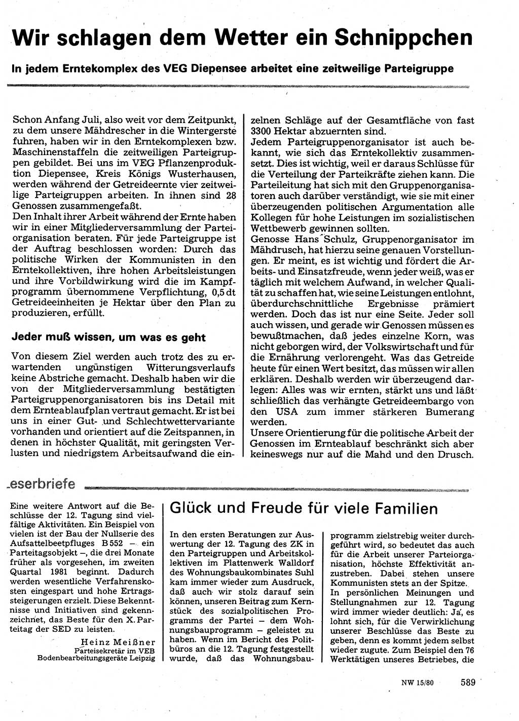 Neuer Weg (NW), Organ des Zentralkomitees (ZK) der SED (Sozialistische Einheitspartei Deutschlands) für Fragen des Parteilebens, 35. Jahrgang [Deutsche Demokratische Republik (DDR)] 1980, Seite 589 (NW ZK SED DDR 1980, S. 589)