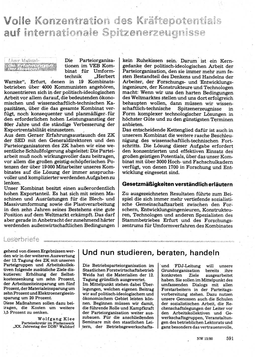 Neuer Weg (NW), Organ des Zentralkomitees (ZK) der SED (Sozialistische Einheitspartei Deutschlands) für Fragen des Parteilebens, 35. Jahrgang [Deutsche Demokratische Republik (DDR)] 1980, Seite 591 (NW ZK SED DDR 1980, S. 591)