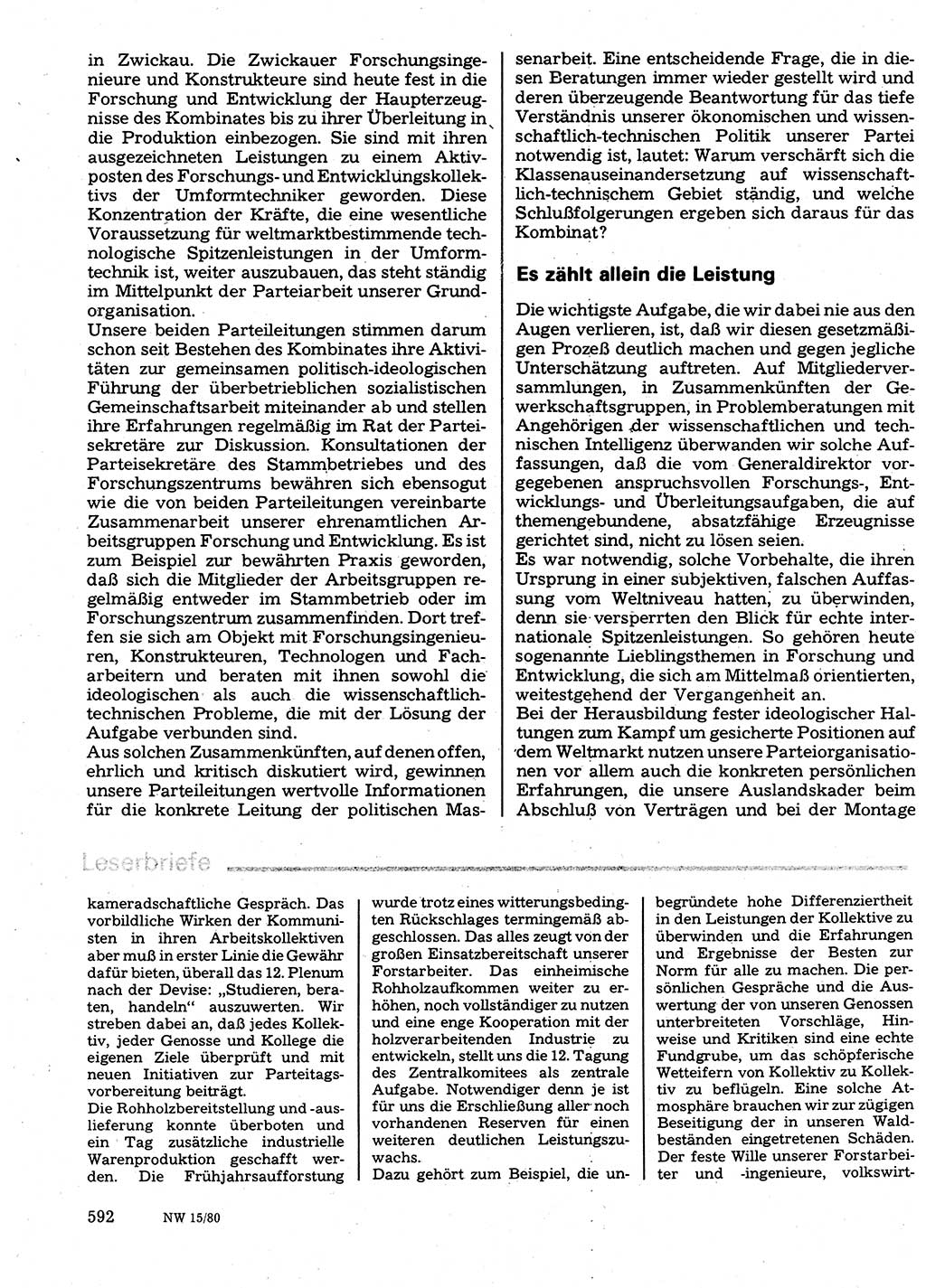Neuer Weg (NW), Organ des Zentralkomitees (ZK) der SED (Sozialistische Einheitspartei Deutschlands) für Fragen des Parteilebens, 35. Jahrgang [Deutsche Demokratische Republik (DDR)] 1980, Seite 592 (NW ZK SED DDR 1980, S. 592)