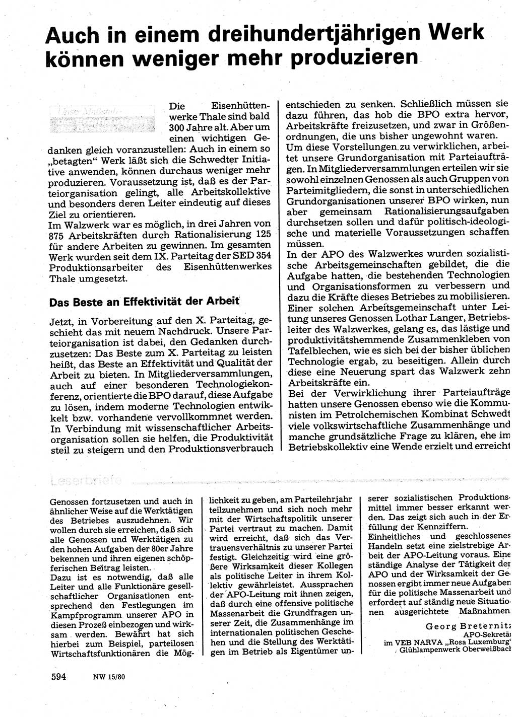 Neuer Weg (NW), Organ des Zentralkomitees (ZK) der SED (Sozialistische Einheitspartei Deutschlands) für Fragen des Parteilebens, 35. Jahrgang [Deutsche Demokratische Republik (DDR)] 1980, Seite 594 (NW ZK SED DDR 1980, S. 594)