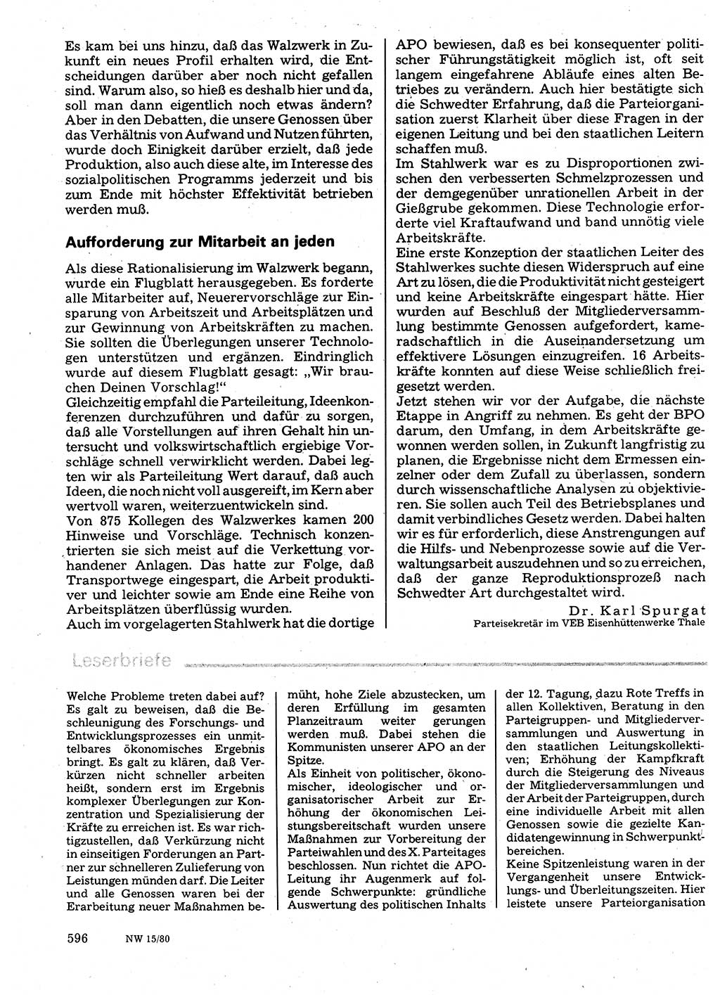 Neuer Weg (NW), Organ des Zentralkomitees (ZK) der SED (Sozialistische Einheitspartei Deutschlands) für Fragen des Parteilebens, 35. Jahrgang [Deutsche Demokratische Republik (DDR)] 1980, Seite 596 (NW ZK SED DDR 1980, S. 596)