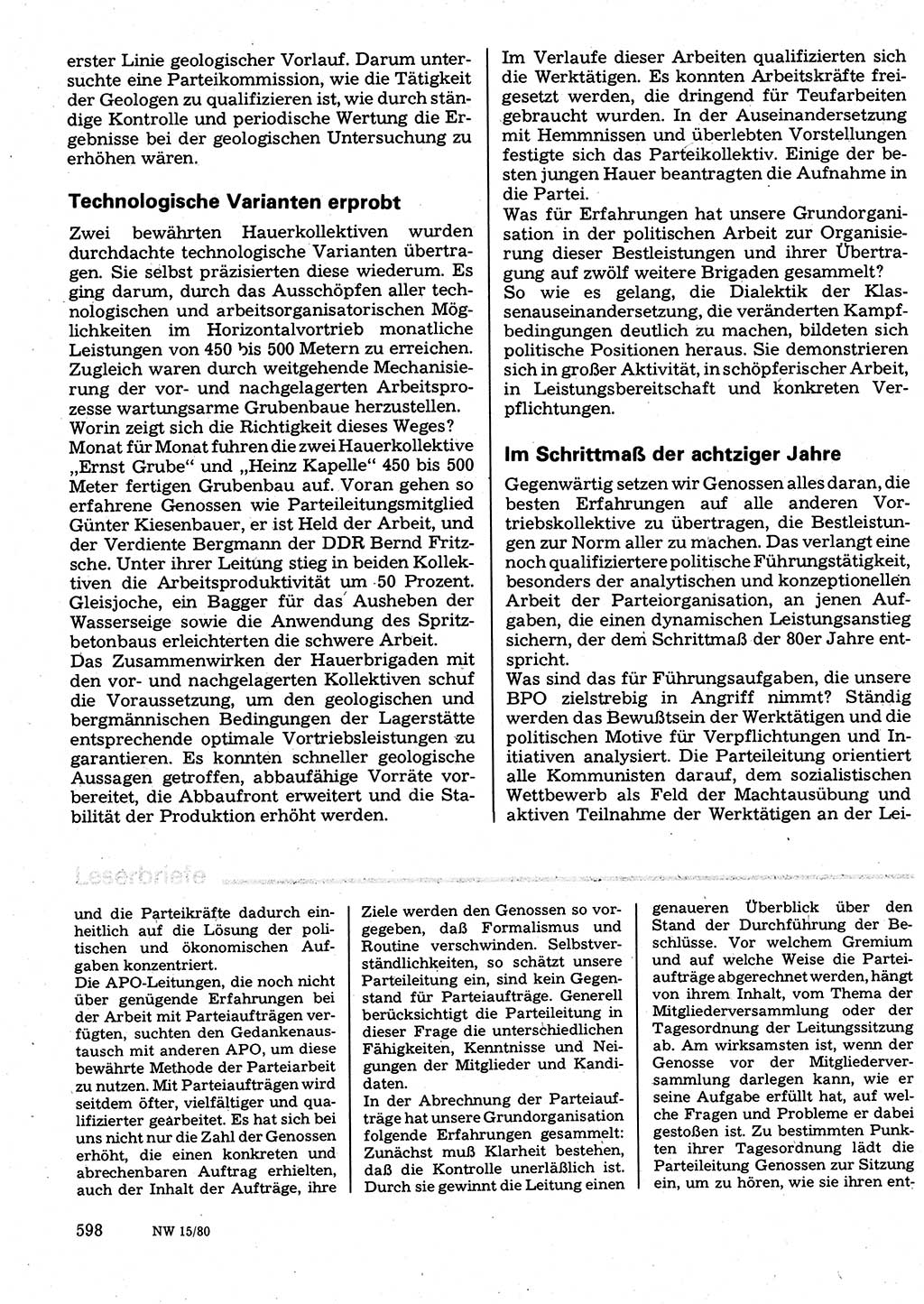 Neuer Weg (NW), Organ des Zentralkomitees (ZK) der SED (Sozialistische Einheitspartei Deutschlands) für Fragen des Parteilebens, 35. Jahrgang [Deutsche Demokratische Republik (DDR)] 1980, Seite 598 (NW ZK SED DDR 1980, S. 598)