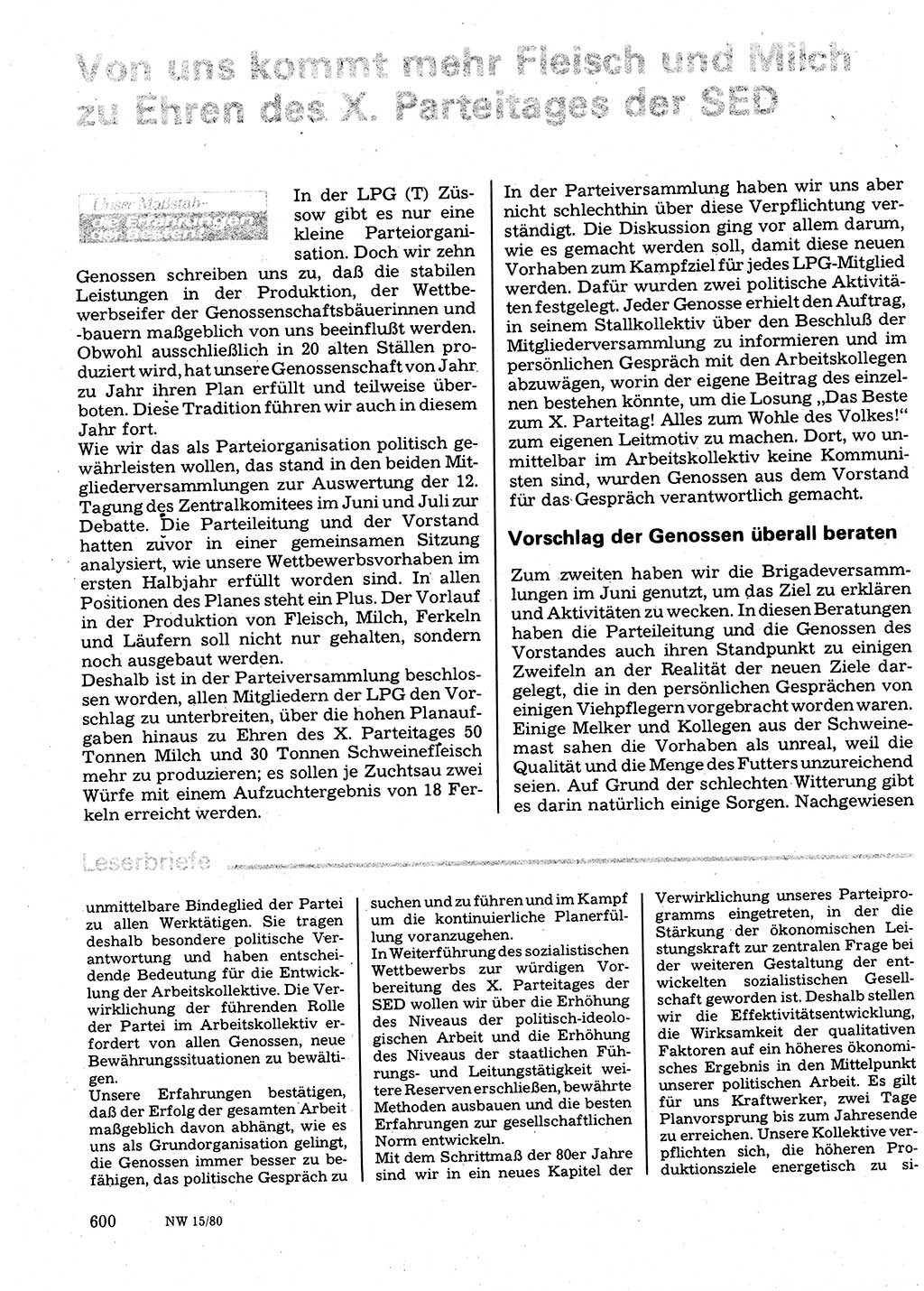Neuer Weg (NW), Organ des Zentralkomitees (ZK) der SED (Sozialistische Einheitspartei Deutschlands) für Fragen des Parteilebens, 35. Jahrgang [Deutsche Demokratische Republik (DDR)] 1980, Seite 600 (NW ZK SED DDR 1980, S. 600)