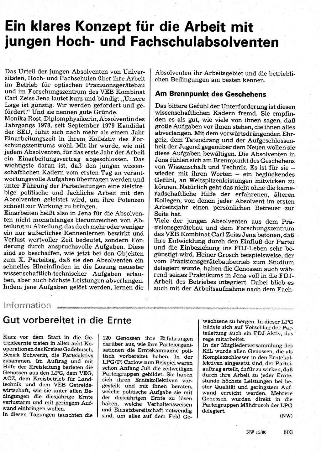 Neuer Weg (NW), Organ des Zentralkomitees (ZK) der SED (Sozialistische Einheitspartei Deutschlands) für Fragen des Parteilebens, 35. Jahrgang [Deutsche Demokratische Republik (DDR)] 1980, Seite 603 (NW ZK SED DDR 1980, S. 603)