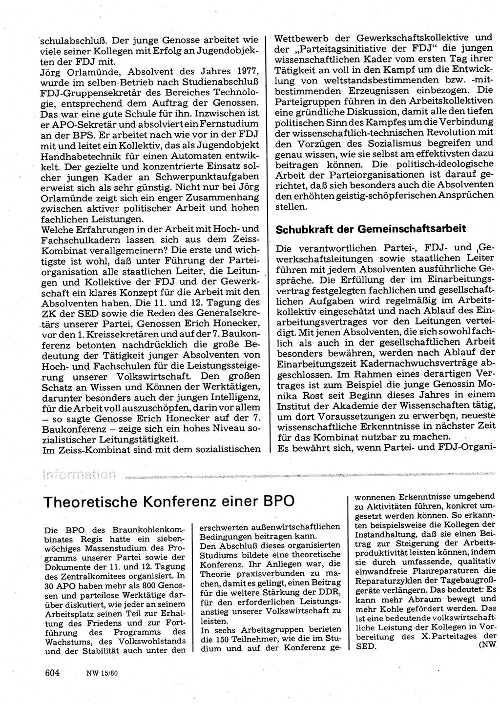Neuer Weg (NW), Organ des Zentralkomitees (ZK) der SED (Sozialistische Einheitspartei Deutschlands) für Fragen des Parteilebens, 35. Jahrgang [Deutsche Demokratische Republik (DDR)] 1980, Seite 604 (NW ZK SED DDR 1980, S. 604)