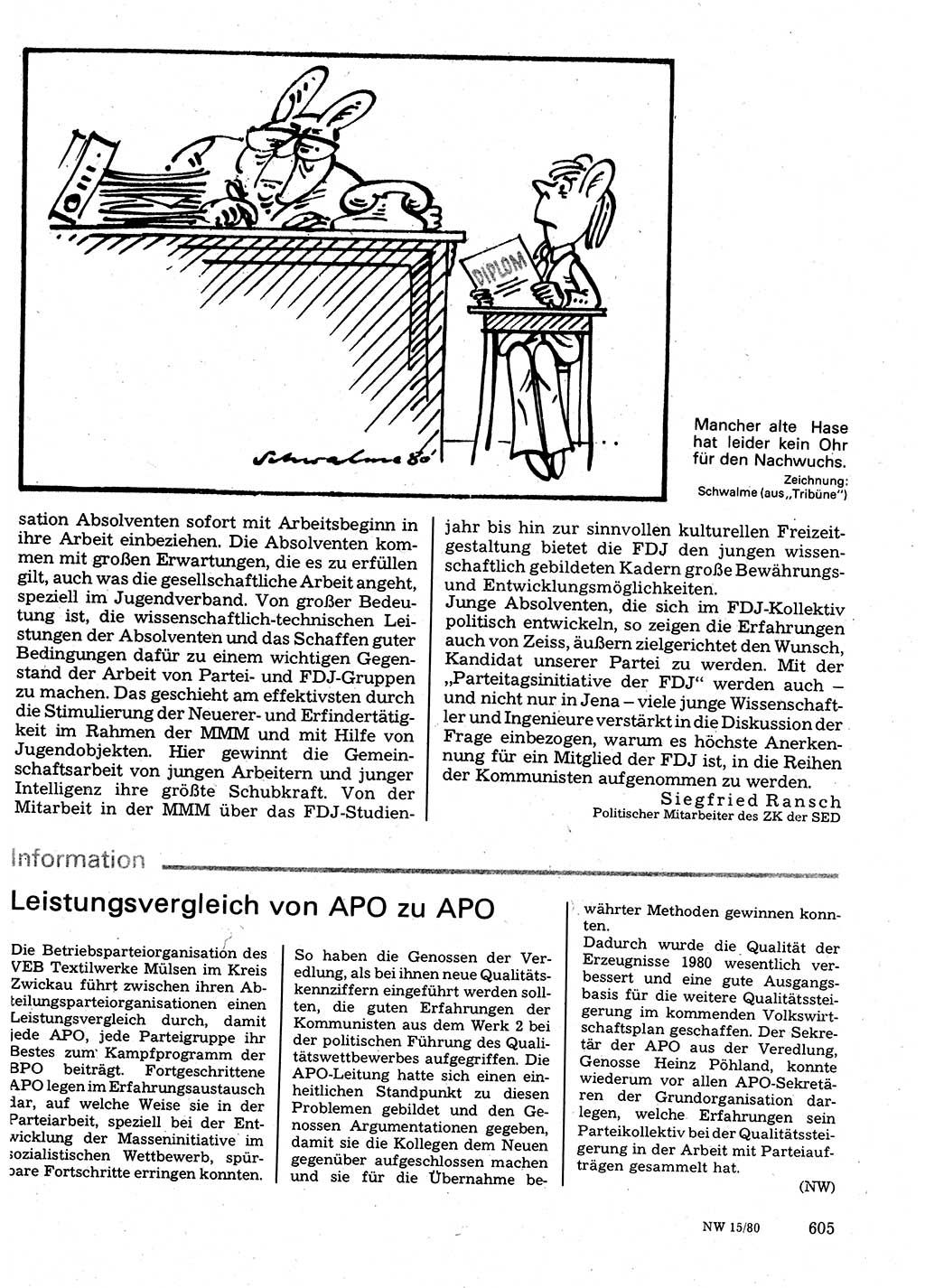 Neuer Weg (NW), Organ des Zentralkomitees (ZK) der SED (Sozialistische Einheitspartei Deutschlands) für Fragen des Parteilebens, 35. Jahrgang [Deutsche Demokratische Republik (DDR)] 1980, Seite 605 (NW ZK SED DDR 1980, S. 605)