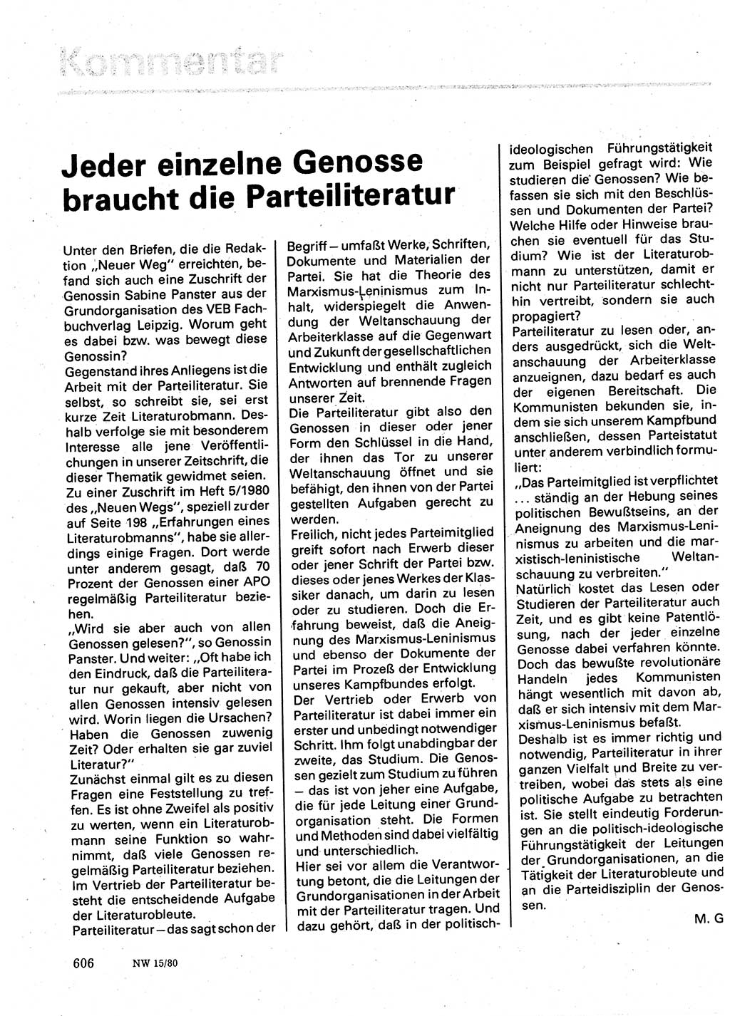 Neuer Weg (NW), Organ des Zentralkomitees (ZK) der SED (Sozialistische Einheitspartei Deutschlands) für Fragen des Parteilebens, 35. Jahrgang [Deutsche Demokratische Republik (DDR)] 1980, Seite 606 (NW ZK SED DDR 1980, S. 606)