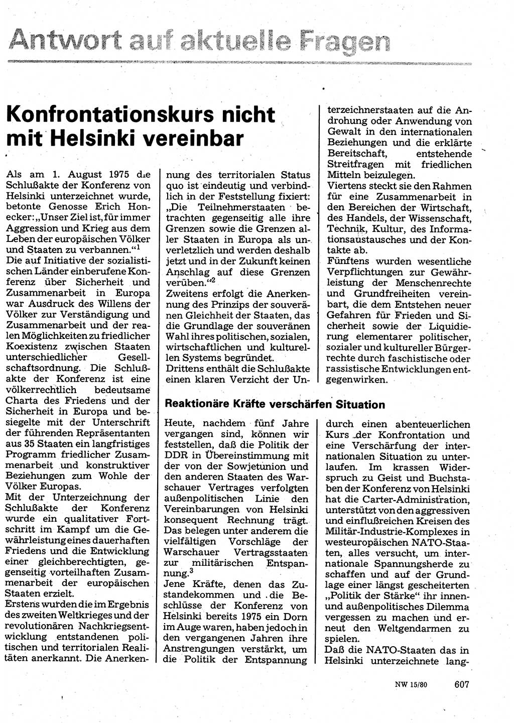 Neuer Weg (NW), Organ des Zentralkomitees (ZK) der SED (Sozialistische Einheitspartei Deutschlands) für Fragen des Parteilebens, 35. Jahrgang [Deutsche Demokratische Republik (DDR)] 1980, Seite 607 (NW ZK SED DDR 1980, S. 607)