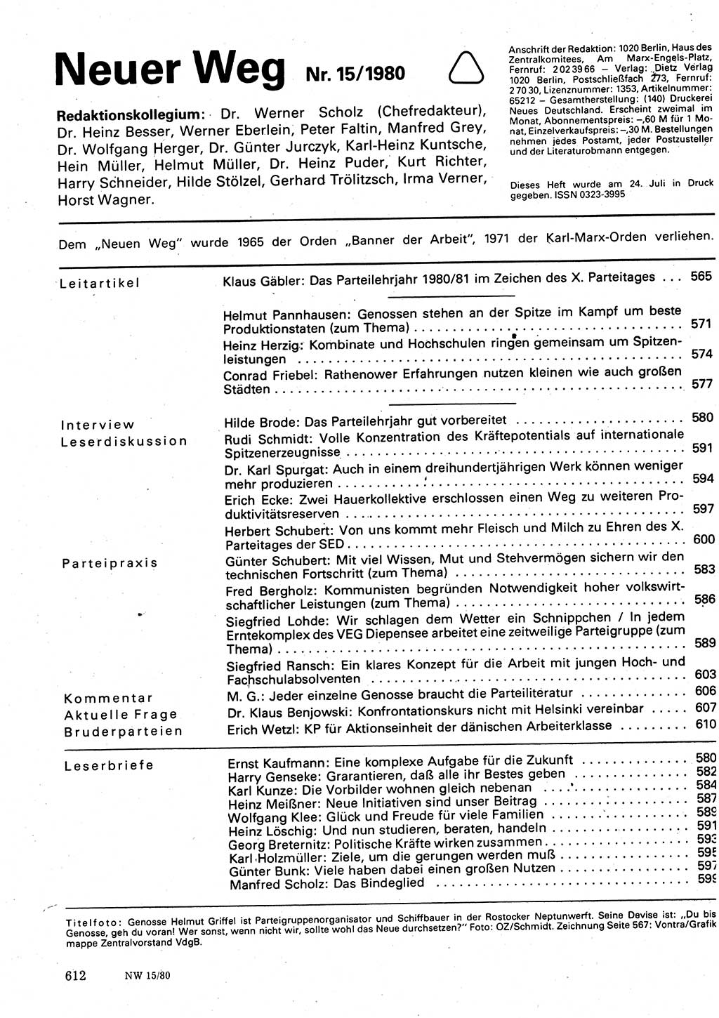 Neuer Weg (NW), Organ des Zentralkomitees (ZK) der SED (Sozialistische Einheitspartei Deutschlands) für Fragen des Parteilebens, 35. Jahrgang [Deutsche Demokratische Republik (DDR)] 1980, Seite 612 (NW ZK SED DDR 1980, S. 612)