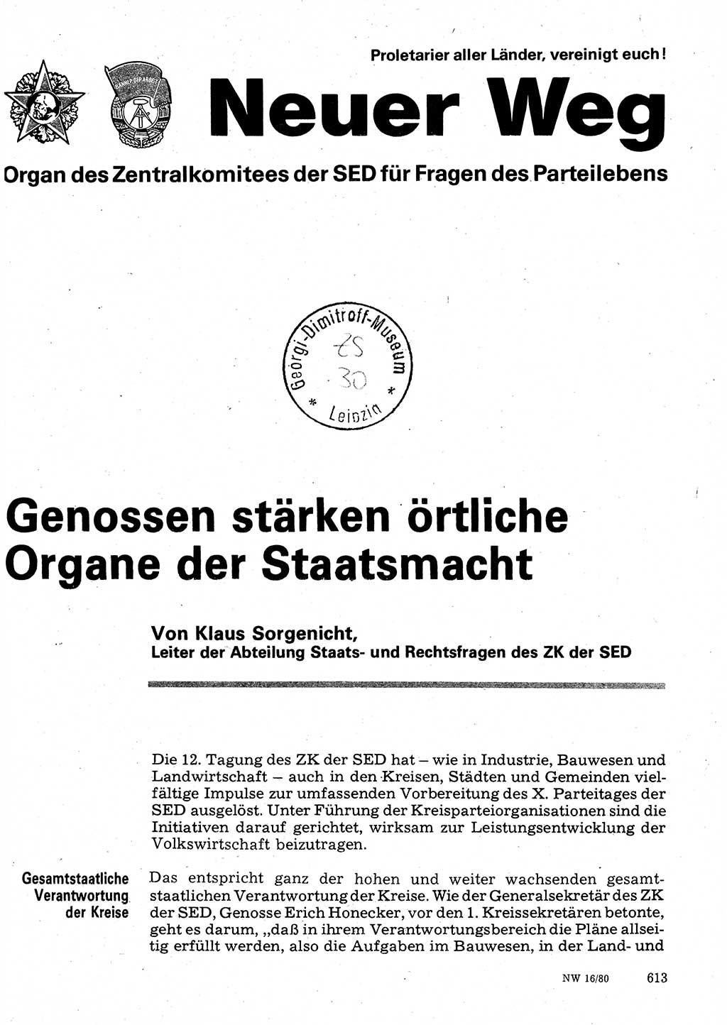 Neuer Weg (NW), Organ des Zentralkomitees (ZK) der SED (Sozialistische Einheitspartei Deutschlands) für Fragen des Parteilebens, 35. Jahrgang [Deutsche Demokratische Republik (DDR)] 1980, Seite 613 (NW ZK SED DDR 1980, S. 613)