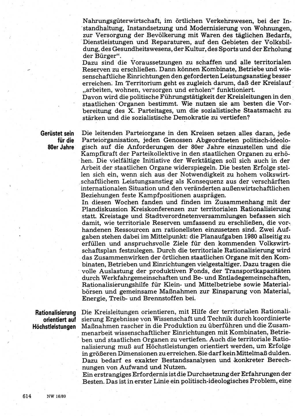 Neuer Weg (NW), Organ des Zentralkomitees (ZK) der SED (Sozialistische Einheitspartei Deutschlands) für Fragen des Parteilebens, 35. Jahrgang [Deutsche Demokratische Republik (DDR)] 1980, Seite 614 (NW ZK SED DDR 1980, S. 614)