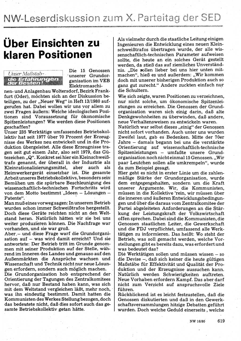 Neuer Weg (NW), Organ des Zentralkomitees (ZK) der SED (Sozialistische Einheitspartei Deutschlands) für Fragen des Parteilebens, 35. Jahrgang [Deutsche Demokratische Republik (DDR)] 1980, Seite 619 (NW ZK SED DDR 1980, S. 619)