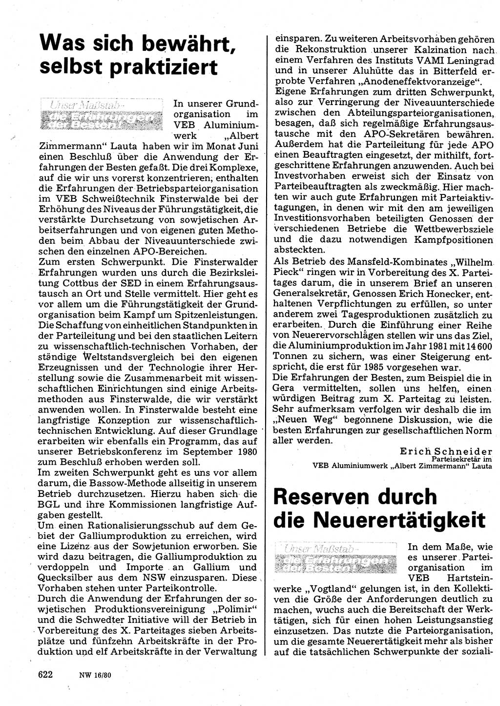 Neuer Weg (NW), Organ des Zentralkomitees (ZK) der SED (Sozialistische Einheitspartei Deutschlands) für Fragen des Parteilebens, 35. Jahrgang [Deutsche Demokratische Republik (DDR)] 1980, Seite 622 (NW ZK SED DDR 1980, S. 622)