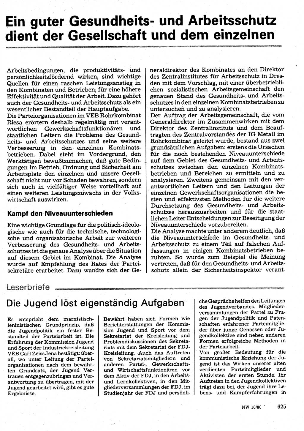 Neuer Weg (NW), Organ des Zentralkomitees (ZK) der SED (Sozialistische Einheitspartei Deutschlands) für Fragen des Parteilebens, 35. Jahrgang [Deutsche Demokratische Republik (DDR)] 1980, Seite 625 (NW ZK SED DDR 1980, S. 625)