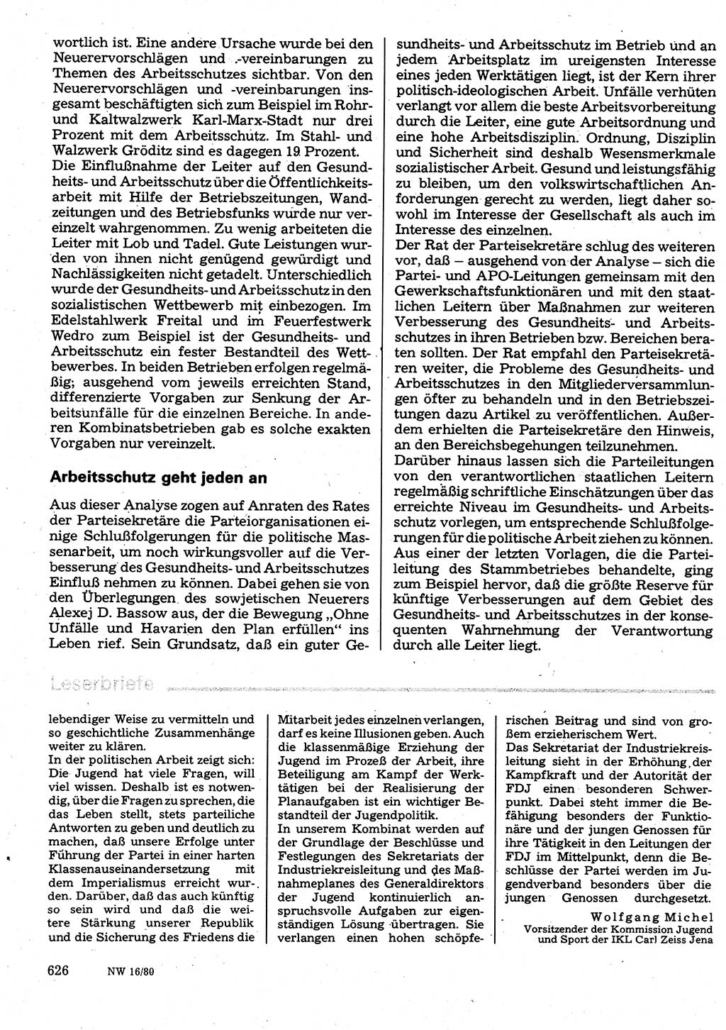 Neuer Weg (NW), Organ des Zentralkomitees (ZK) der SED (Sozialistische Einheitspartei Deutschlands) für Fragen des Parteilebens, 35. Jahrgang [Deutsche Demokratische Republik (DDR)] 1980, Seite 626 (NW ZK SED DDR 1980, S. 626)