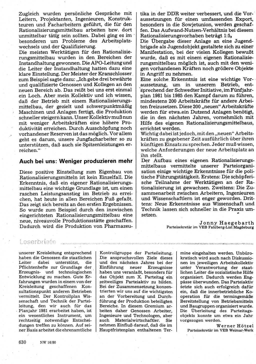 Neuer Weg (NW), Organ des Zentralkomitees (ZK) der SED (Sozialistische Einheitspartei Deutschlands) für Fragen des Parteilebens, 35. Jahrgang [Deutsche Demokratische Republik (DDR)] 1980, Seite 630 (NW ZK SED DDR 1980, S. 630)