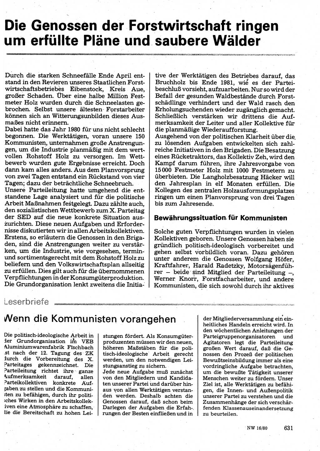 Neuer Weg (NW), Organ des Zentralkomitees (ZK) der SED (Sozialistische Einheitspartei Deutschlands) für Fragen des Parteilebens, 35. Jahrgang [Deutsche Demokratische Republik (DDR)] 1980, Seite 631 (NW ZK SED DDR 1980, S. 631)